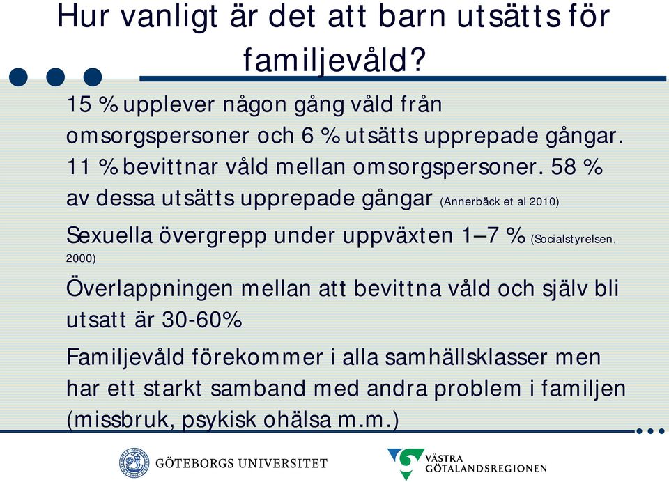 58 % av dessa utsätts upprepade gångar (Annerbäck et al 2010) Sexuella övergrepp under uppväxten 1 7 % (Socialstyrelsen, 2000)