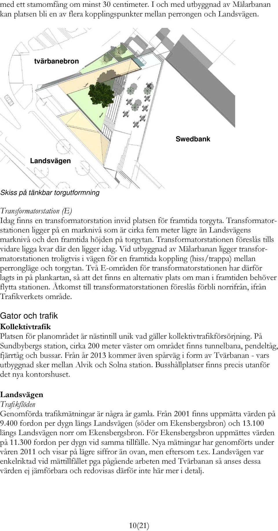 Transformatorstationen ligger på en marknivå som är cirka fem meter lägre än Landsvägens marknivå och den framtida höjden på torgytan.