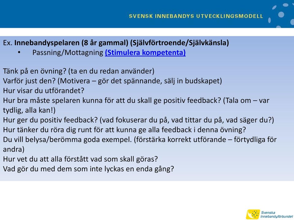 ) Hur ger du positiv feedback? (vad fokuserar du på, vad tittar du på, vad säger du?) Hur tänker du röra dig runt för att kunna ge alla feedback i denna övning?