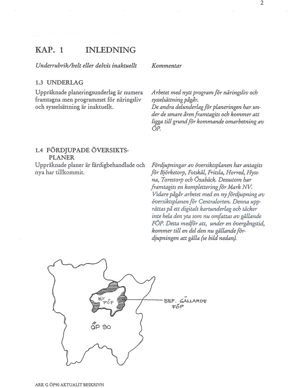 De andra delunderlag för planeringen har under de senare åren framtagits och kommer att ligga till grund för kommande omarbetning av ÖP. 1.