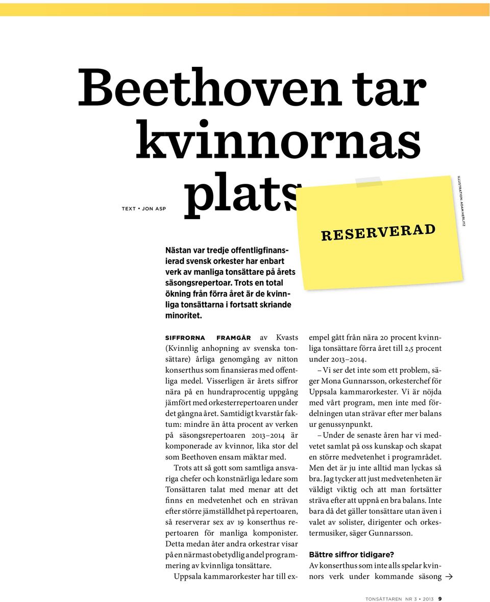 RESERVERAD av Kvasts (Kvinnlig anhopning av svenska tonsättare) årliga genomgång av nitton konserthus som finansieras med offentliga medel.