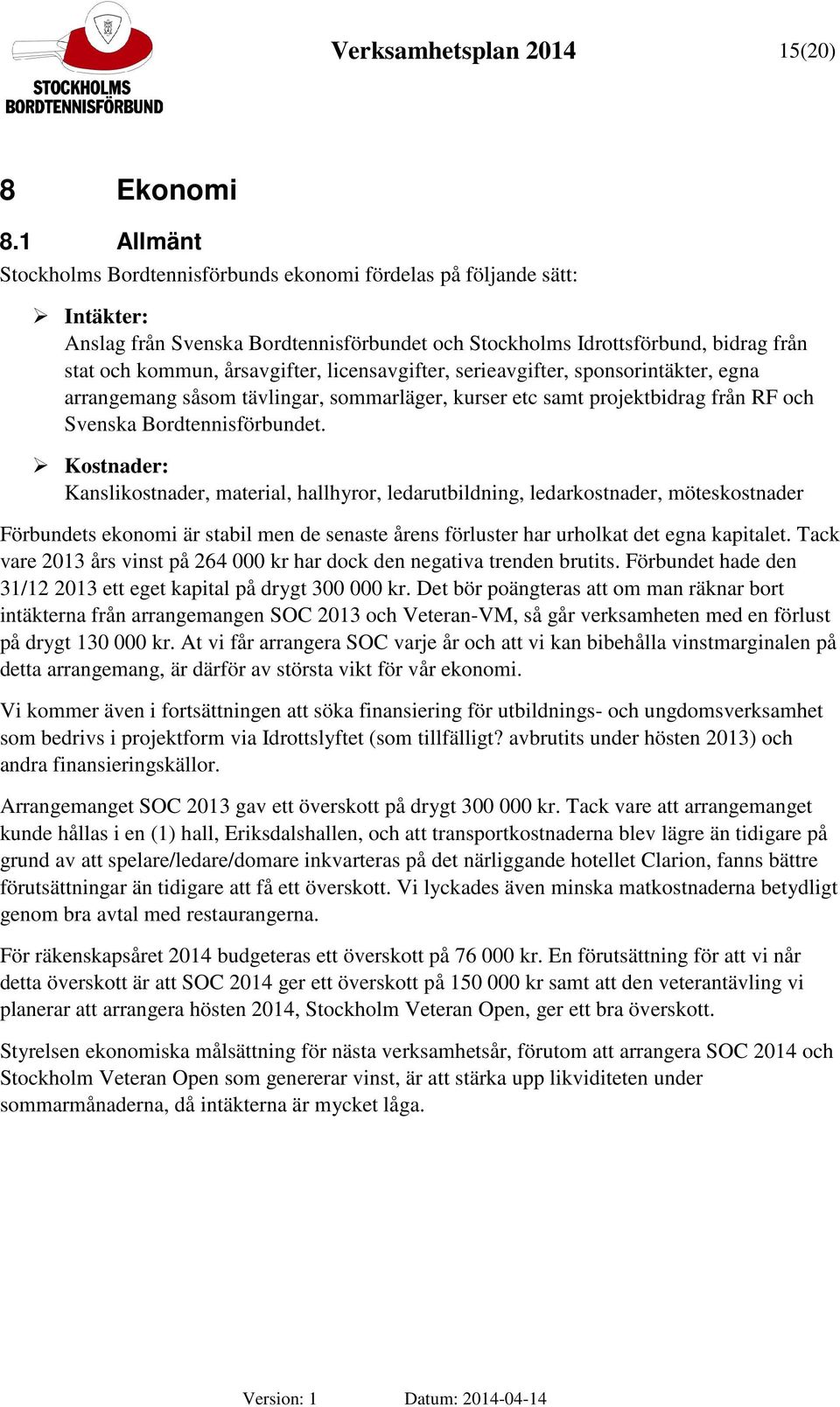 licensavgifter, serieavgifter, sponsorintäkter, egna arrangemang såsom tävlingar, sommarläger, kurser etc samt projektbidrag från RF och Svenska Bordtennisförbundet.