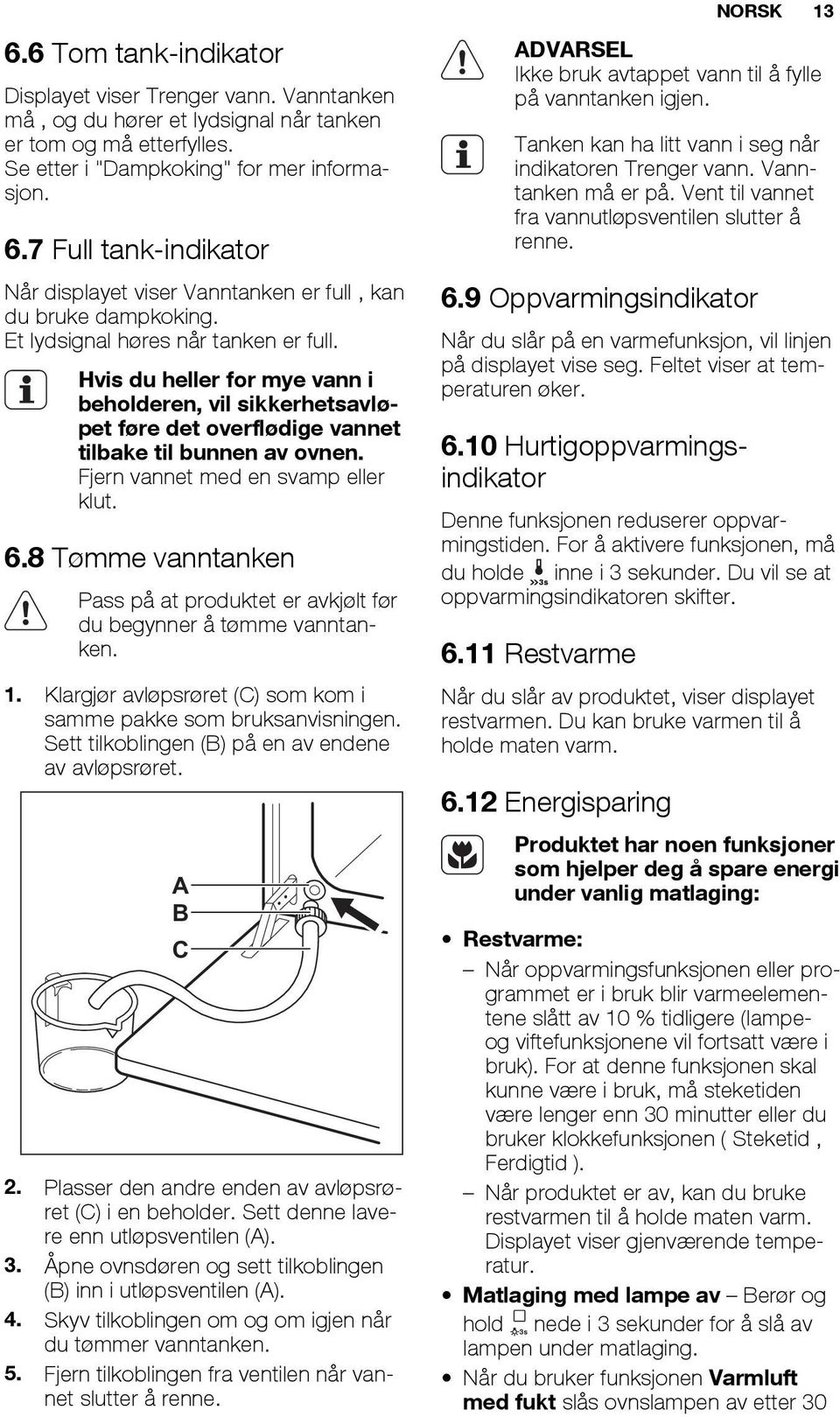 Hvis du heller for mye vann i beholderen, vil sikkerhetsavløpet føre det overflødige vannet tilbake til bunnen av ovnen. Fjern vannet med en svamp eller klut. 6.