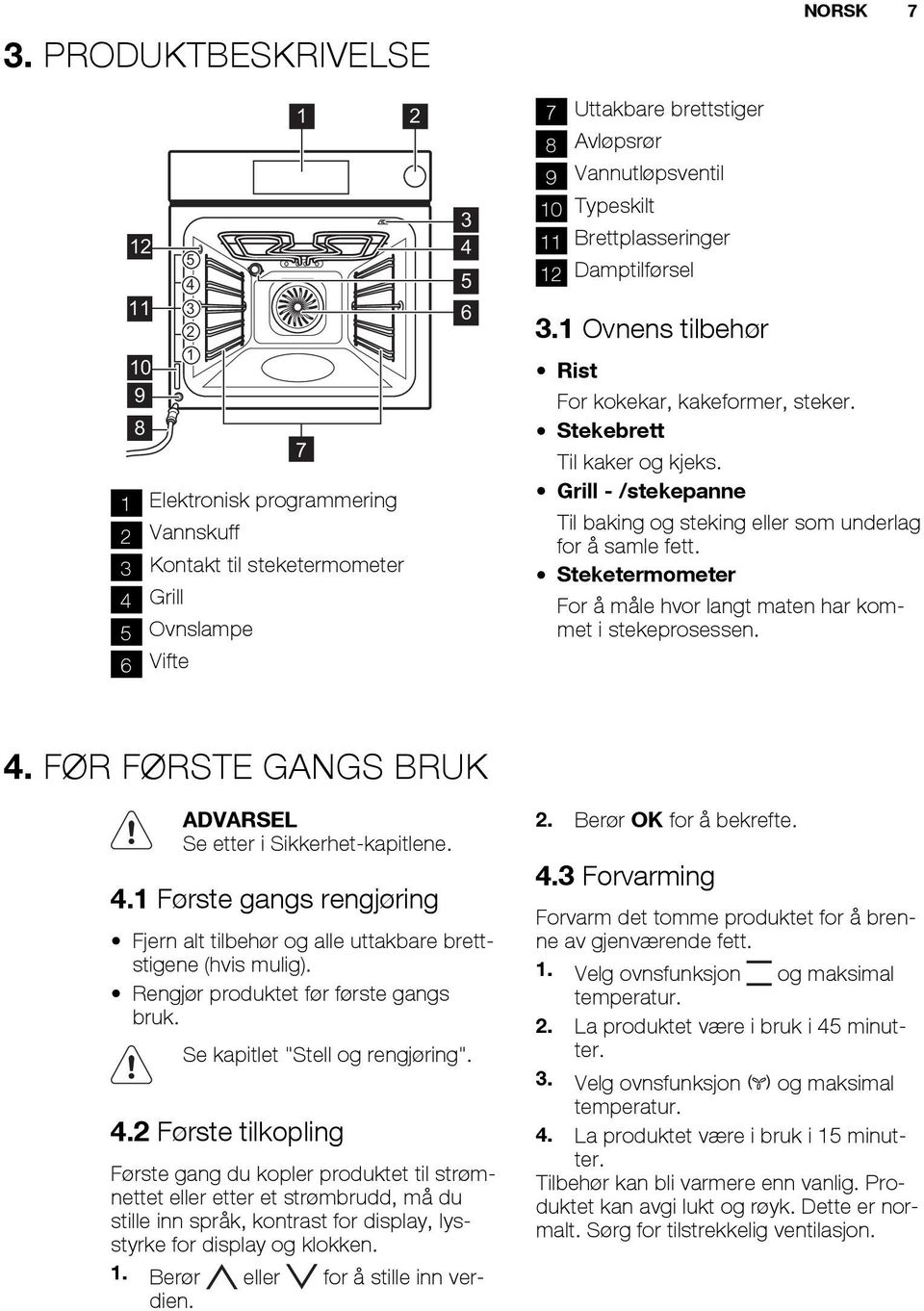 Grill - /stekepanne Til baking og steking eller som underlag for å samle fett. Steketermometer For å måle hvor langt maten har kommet i stekeprosessen. 4.