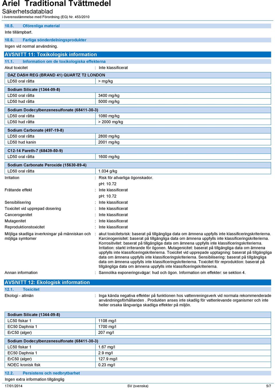 (68439-50-9) 2800 mg/kg 2001 mg/kg 1600 mg/kg Sodium Carbonate Peroxide (15630-89-4) Irritation Frätande effekt Sensibilisering Toxicitet vid upprepad dosering Cancerogenitet Mutagenitet