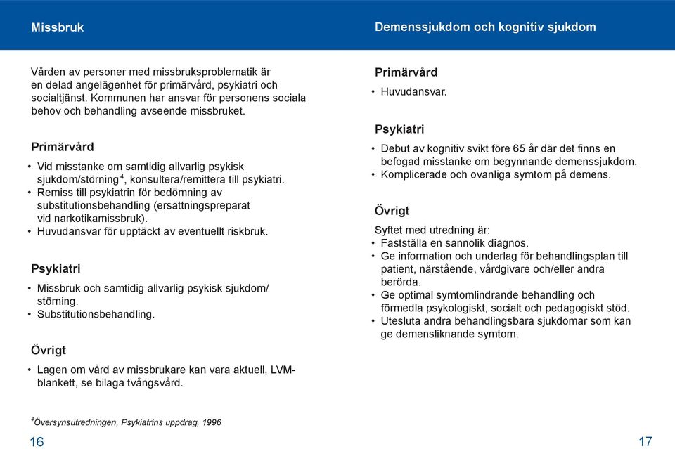 Remiss till psykiatrin för bedömning av substitutionsbehandling (ersättningspreparat vid narkotikamissbruk). Huvudansvar för upptäckt av eventuellt riskbruk.