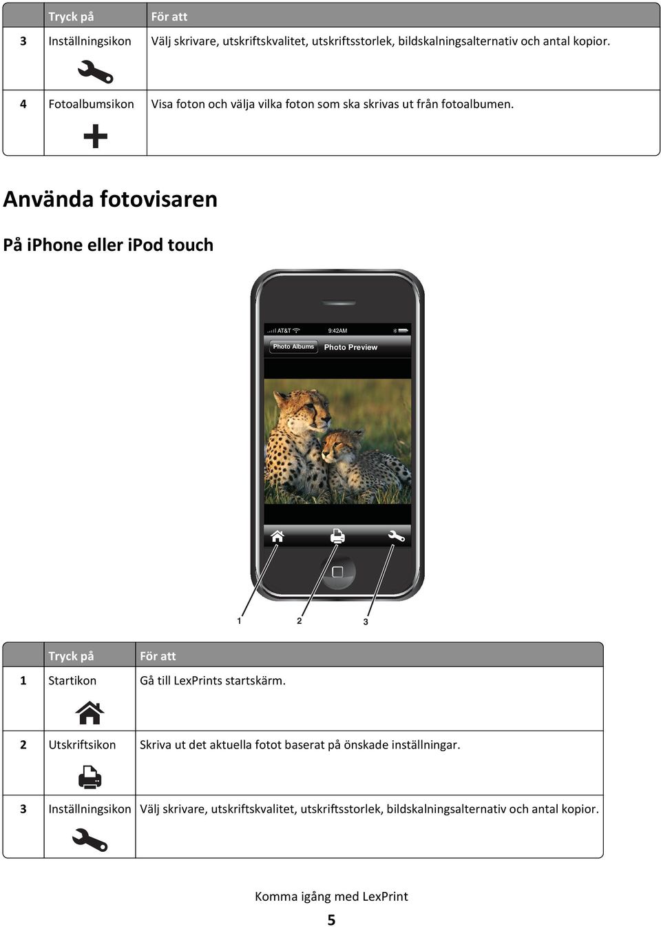 Använda fotovisaren På iphone eller ipod touch Photo Albums Photo Preview 1 2 3 Tryck på För att 1 Startikon Gå till LexPrints startskärm.