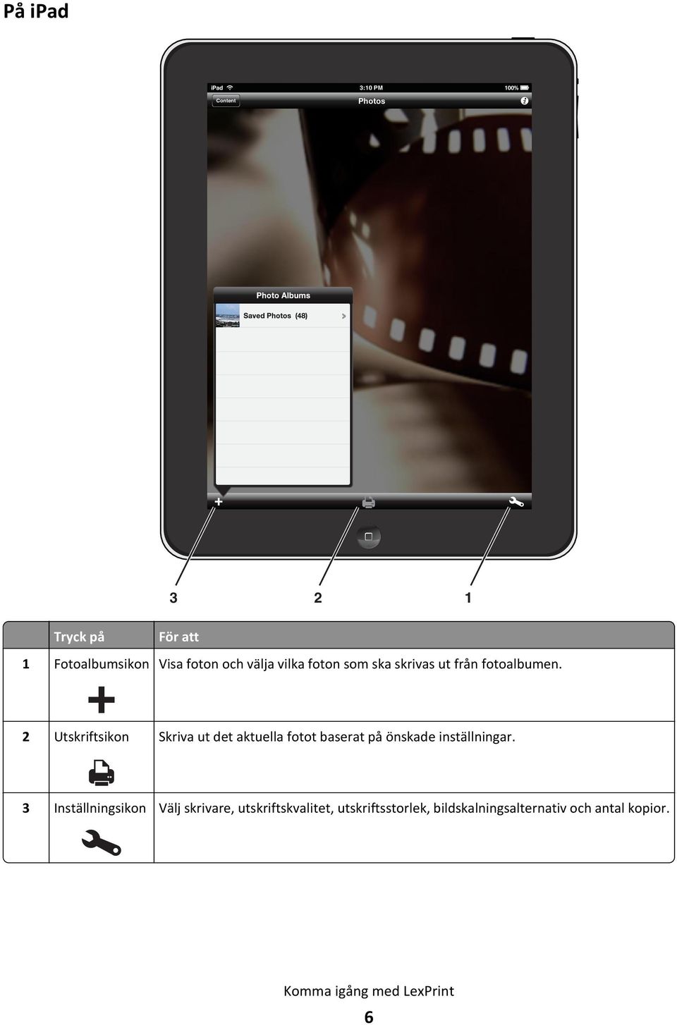2 Utskriftsikon Skriva ut det aktuella fotot baserat på önskade inställningar.