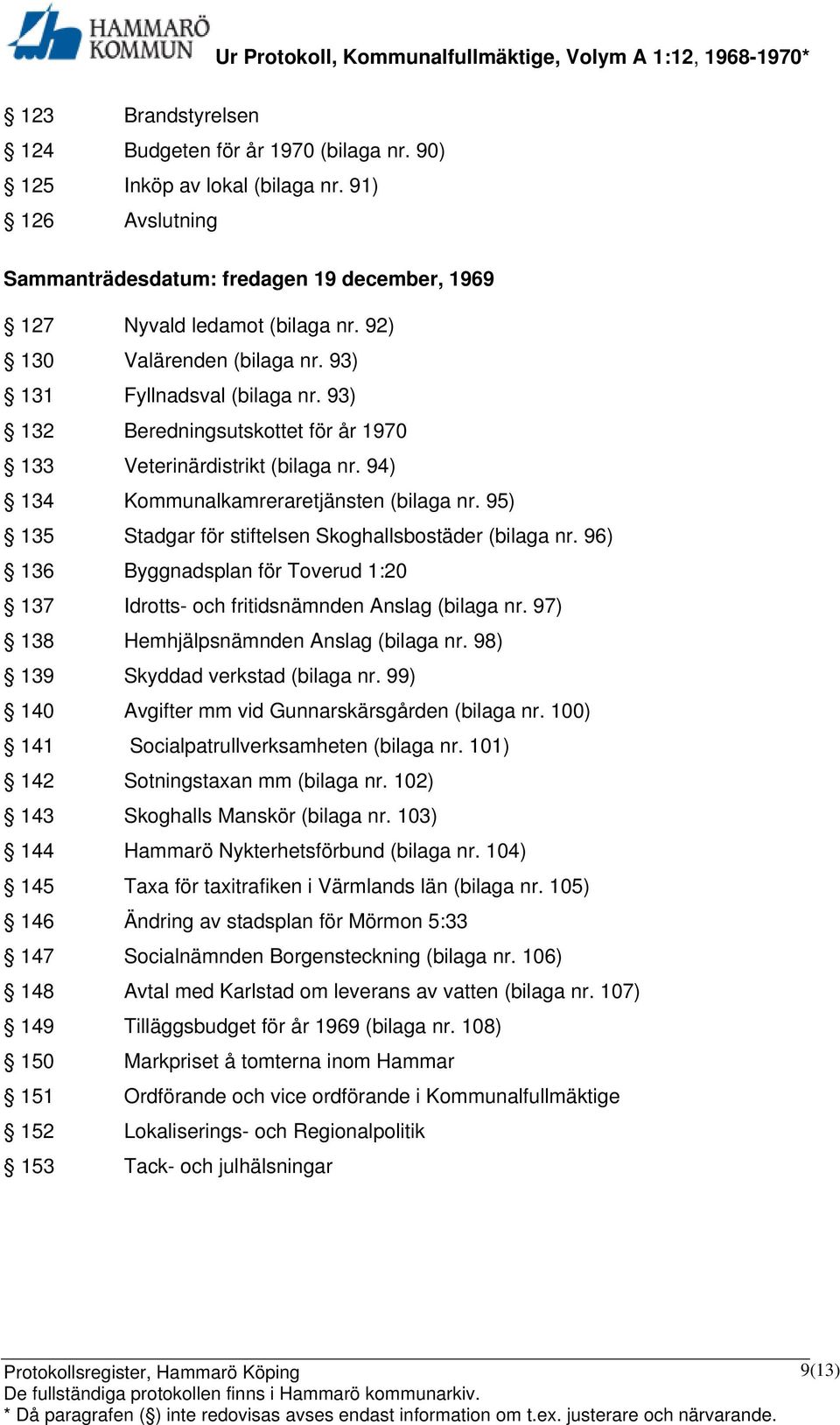 95) 135 Stadgar för stiftelsen Skoghallsbostäder (bilaga nr. 96) 136 Byggnadsplan för Toverud 1:20 137 Idrotts- och fritidsnämnden Anslag (bilaga nr. 97) 138 Hemhjälpsnämnden Anslag (bilaga nr.