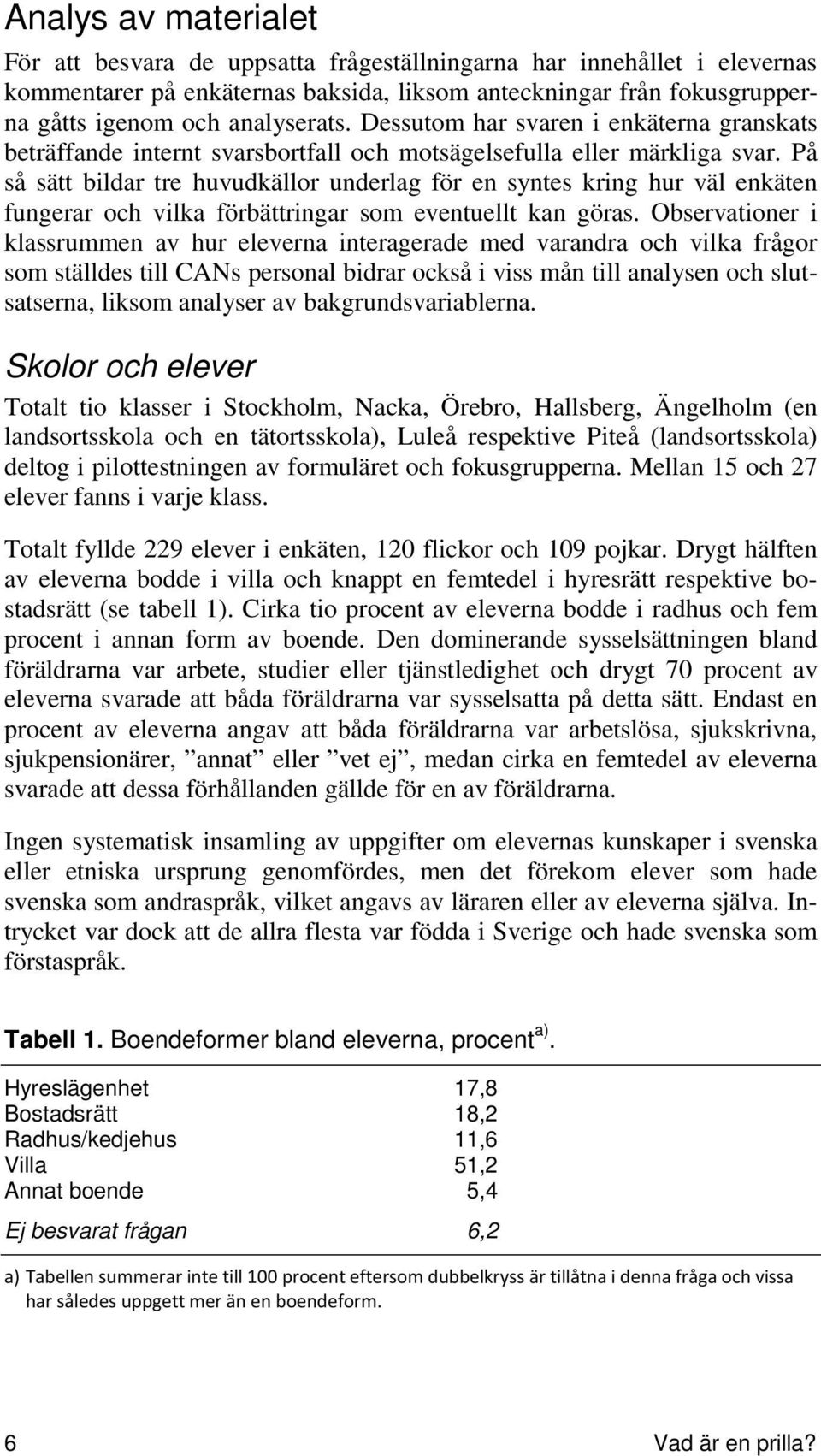 På så sätt bildar tre huvudkällor underlag för en syntes kring hur väl enkäten fungerar och vilka förbättringar som eventuellt kan göras.