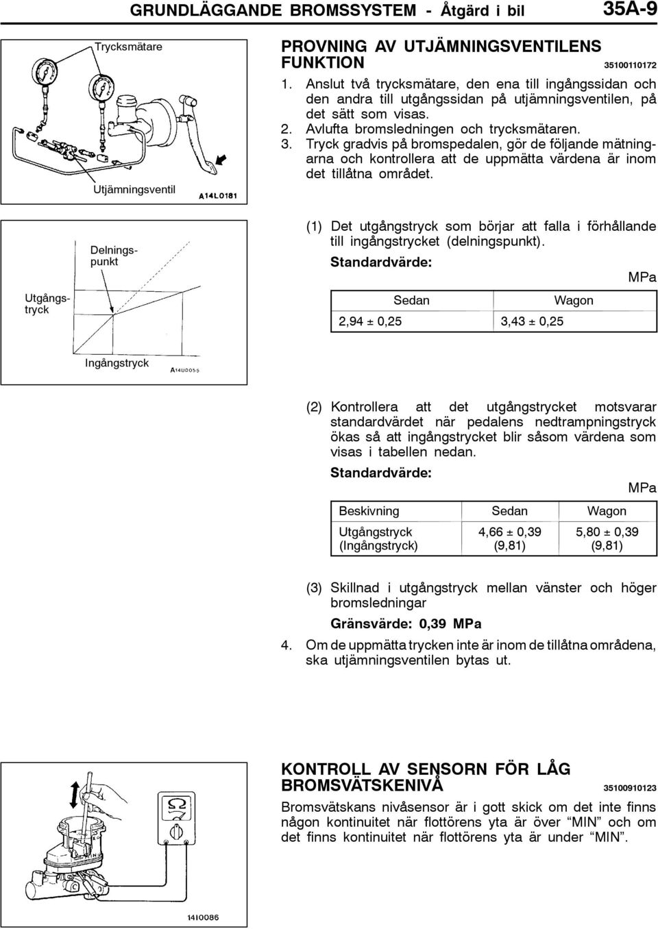 Tryck gradvis på bromspedalen, gör de följande mätningarna och kontrollera att de uppmätta värdena är inom det tillåtna området.