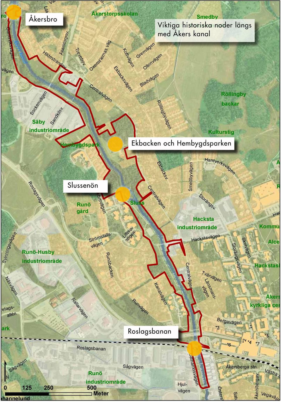 kanal Röllingbyvägen Röllingby backar Kulturstig Ekbacken och Hembygdsparken Slussenön Ekbacksv.