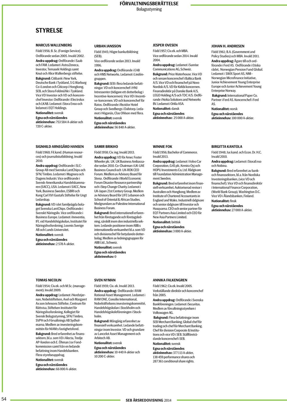 Bakgrund: Citibank i New York, Deutsche Bank i Tyskland, S G Warburg Co i London och Citicorp i Hongkong, SEB, och Stora Feldmühle i Tyskland. Vice VD Investor och VD och koncernchef Investor.