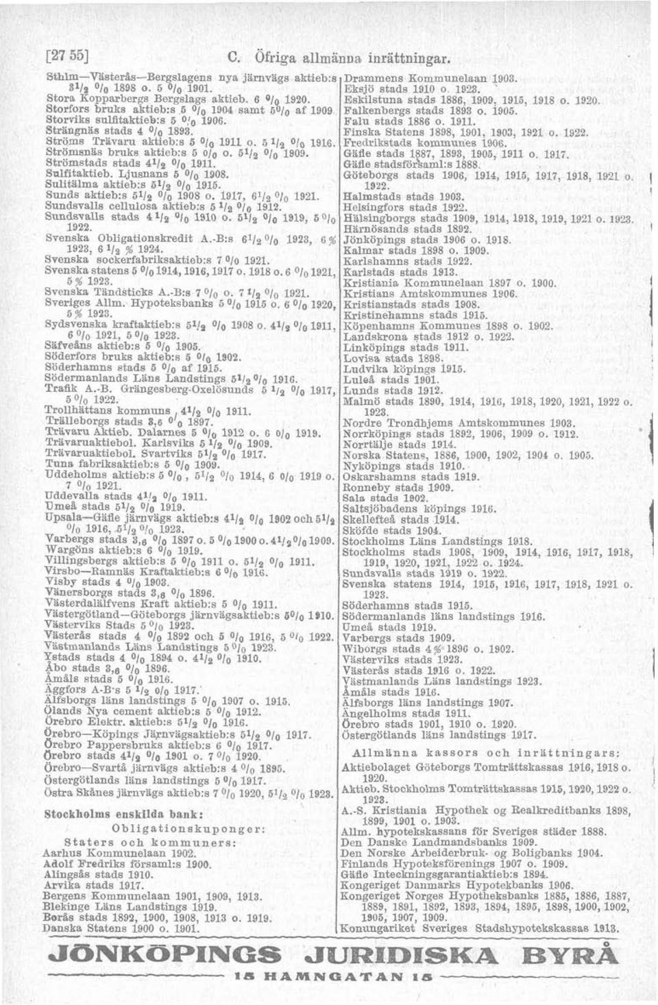 5112 010 1909. Oafle stads 1887, 1893, 1905, 1911 o. 1917. Strömstads stads 4112 o/o 1911. Oiafie stadsförhaml: 1888. Salfitaktieb. Ljusnans 5 O/o 1908. Sulitalma aktieb: 511a Ola 1915.