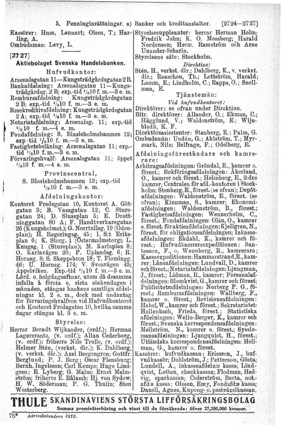 m. Resekreditivafdelning: Kungsträdgårdsgatan 2 A; exp.-tid 'Is10 f. m.-3 e. m. Notariatafdelning: Arsenalsg. l1 ; exp.-tid 1/10 f. m.-4 e. m. Fondafdelning: S. Blasieholmshamnen 12; exp -tid l/z10 f.