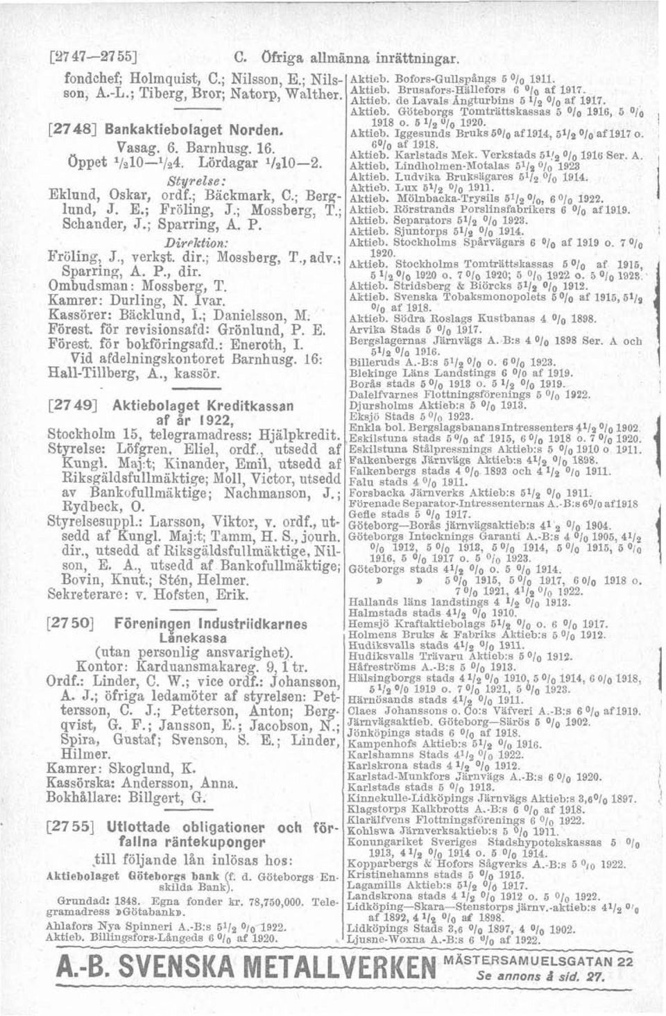 ; Sparring, A. P., dir. Ombudsman : Mossberg, T. Kamrer: Durling, N. Ivar. Kassörer: Backlund, I.; Danielsson, M. Förest. för revisionsitfd: Grönlund, P. E. pyjrest. för bokforingsafd,: 1.