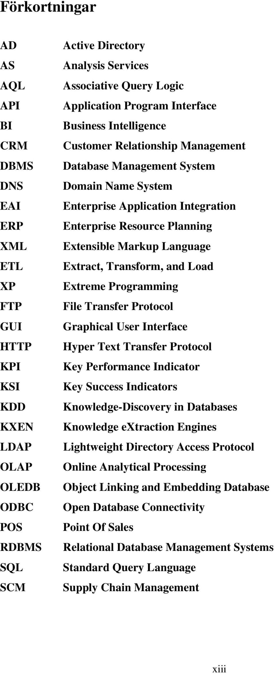 Extensible Markup Language Extract, Transform, and Load Extreme Programming File Transfer Protocol Graphical User Interface Hyper Text Transfer Protocol Key Performance Indicator Key Success