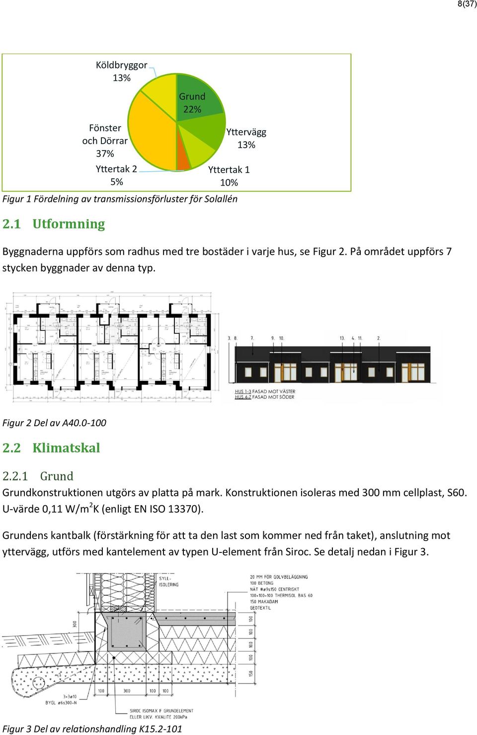 På området uppförs 7 stycken byggnader av denna typ. Figur 2 Del av A40.0-100 2.2 Klimatskal 2.2.1 Grund Grundkonstruktionen utgörs av platta på mark.