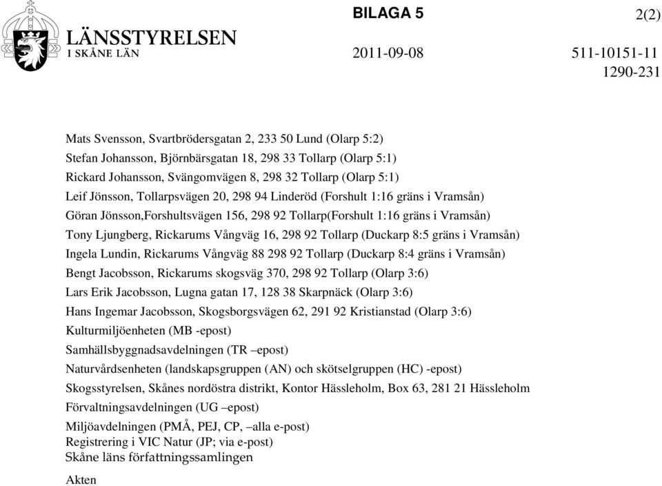 298 92 Tollarp (Duckarp 8:5 gräns i Vramsån) Ingela Lundin, Rickarums Vångväg 88 298 92 Tollarp (Duckarp 8:4 gräns i Vramsån) Bengt Jacobsson, Rickarums skogsväg 370, 298 92 Tollarp (Olarp 3:6) Lars