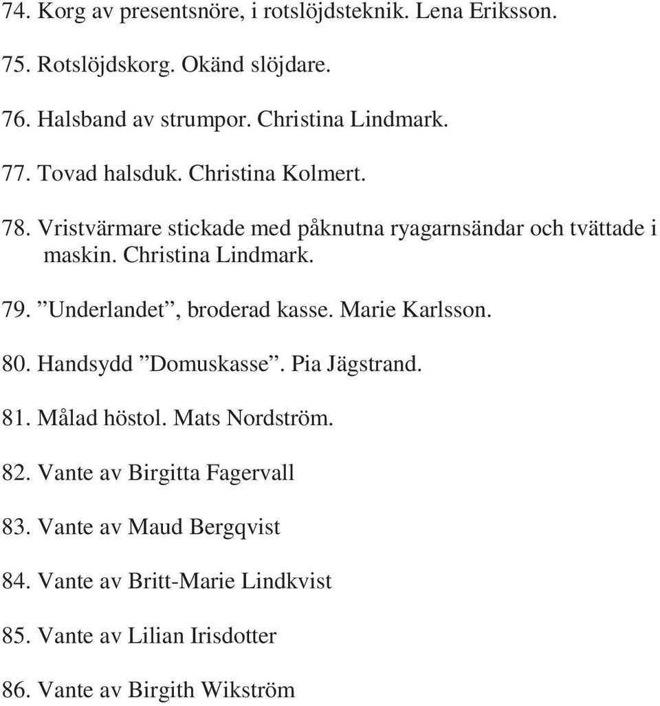 Christina Lindmark. 79. Underlandet, broderad kasse. Marie Karlsson. 80. Handsydd Domuskasse. Pia Jägstrand. 81. Målad höstol.