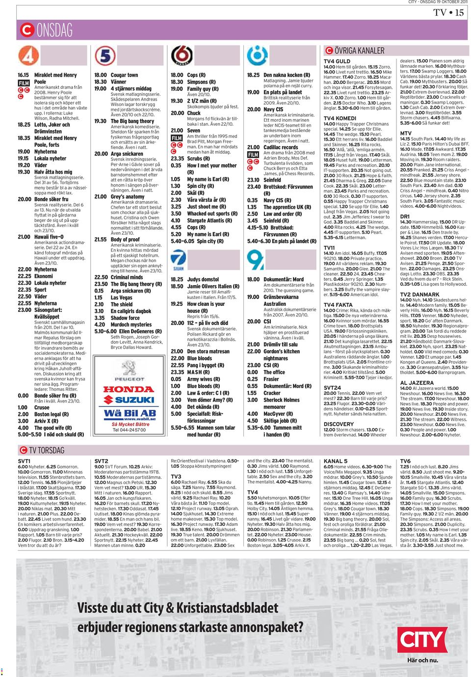 30 Halv åtta hos mig Svensk matlagningsserie. Del 31 av 56. Torbjörns meny består bl a av nässelsoppa med rökt lax. 20.00 Bonde söker fru Svensk realityserie. Del 6 av 13.