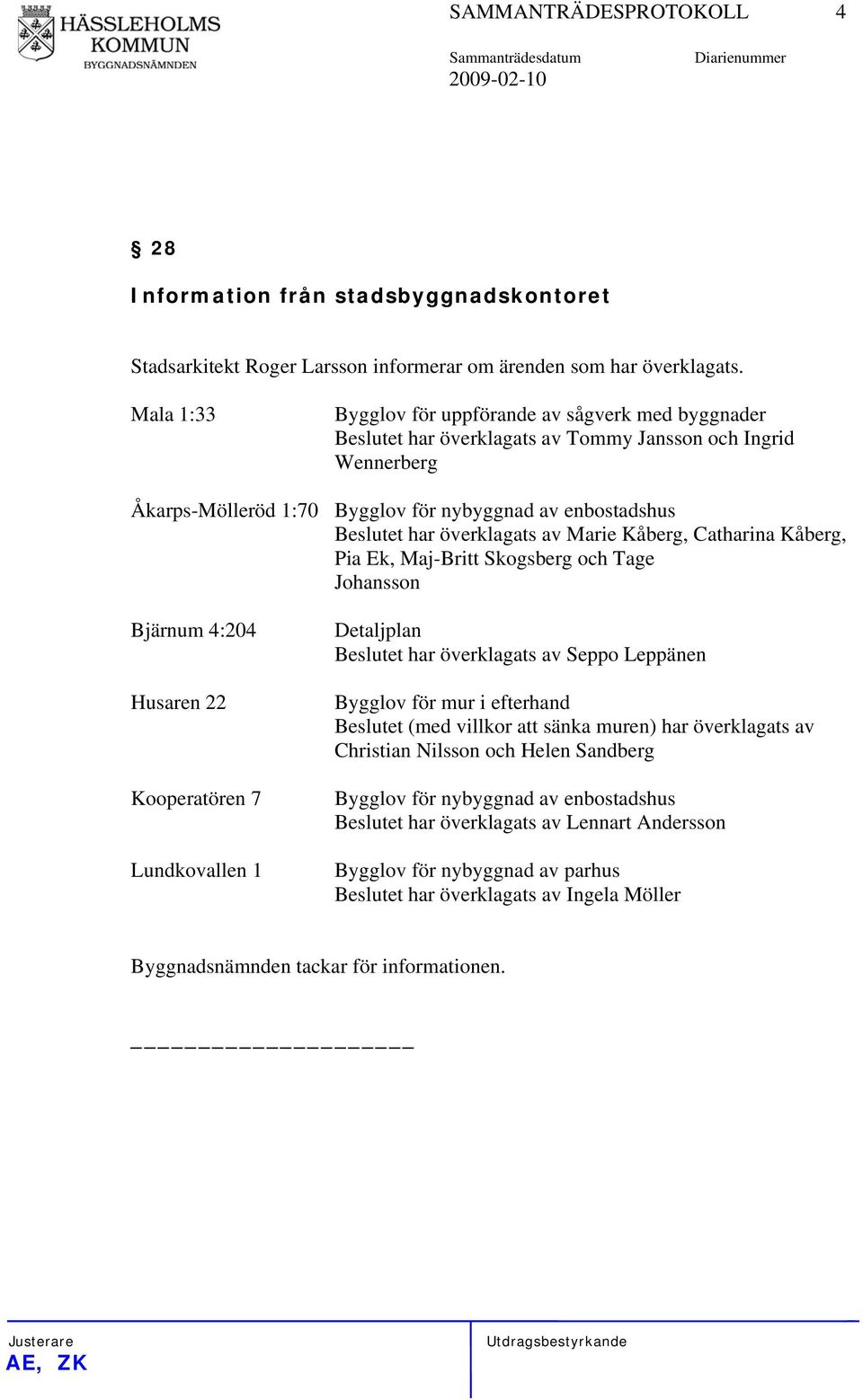 Marie Kåberg, Catharina Kåberg, Pia Ek, Maj-Britt Skogsberg och Tage Johansson Bjärnum 4:204 Husaren 22 Kooperatören 7 Lundkovallen 1 Detaljplan et har överklagats av Seppo Leppänen Bygglov för mur i