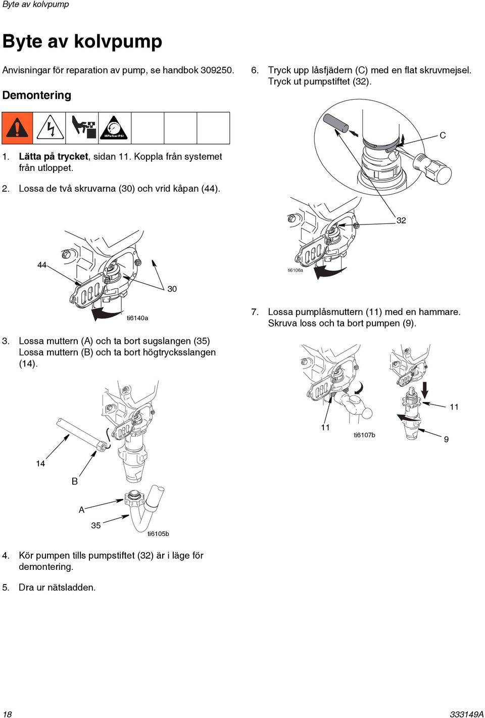 32 44 30 ti6140a 7. Lossa pumplåsmuttern (11) med en hammare. Skruva loss och ta bort pumpen (9). 3. Lossa muttern (A) och ta bort sugslangen (35) Lossa muttern (B) och ta bort högtrycksslangen (14).