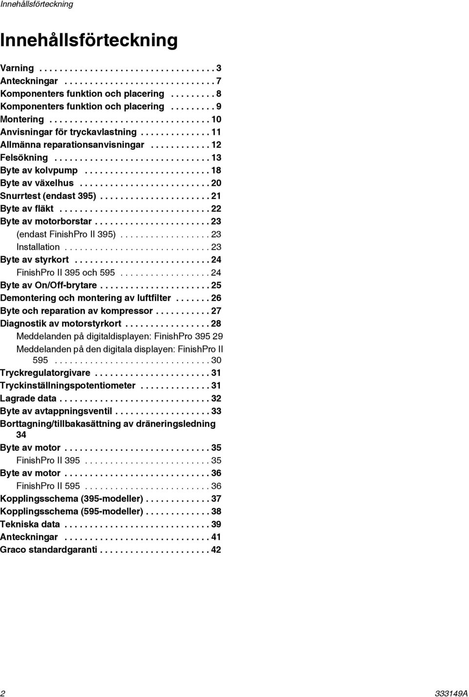 .............................. 13 Byte av kolvpump......................... 18 Byte av växelhus.......................... 20 Snurrtest (endast 395)...................... 21 Byte av fläkt.