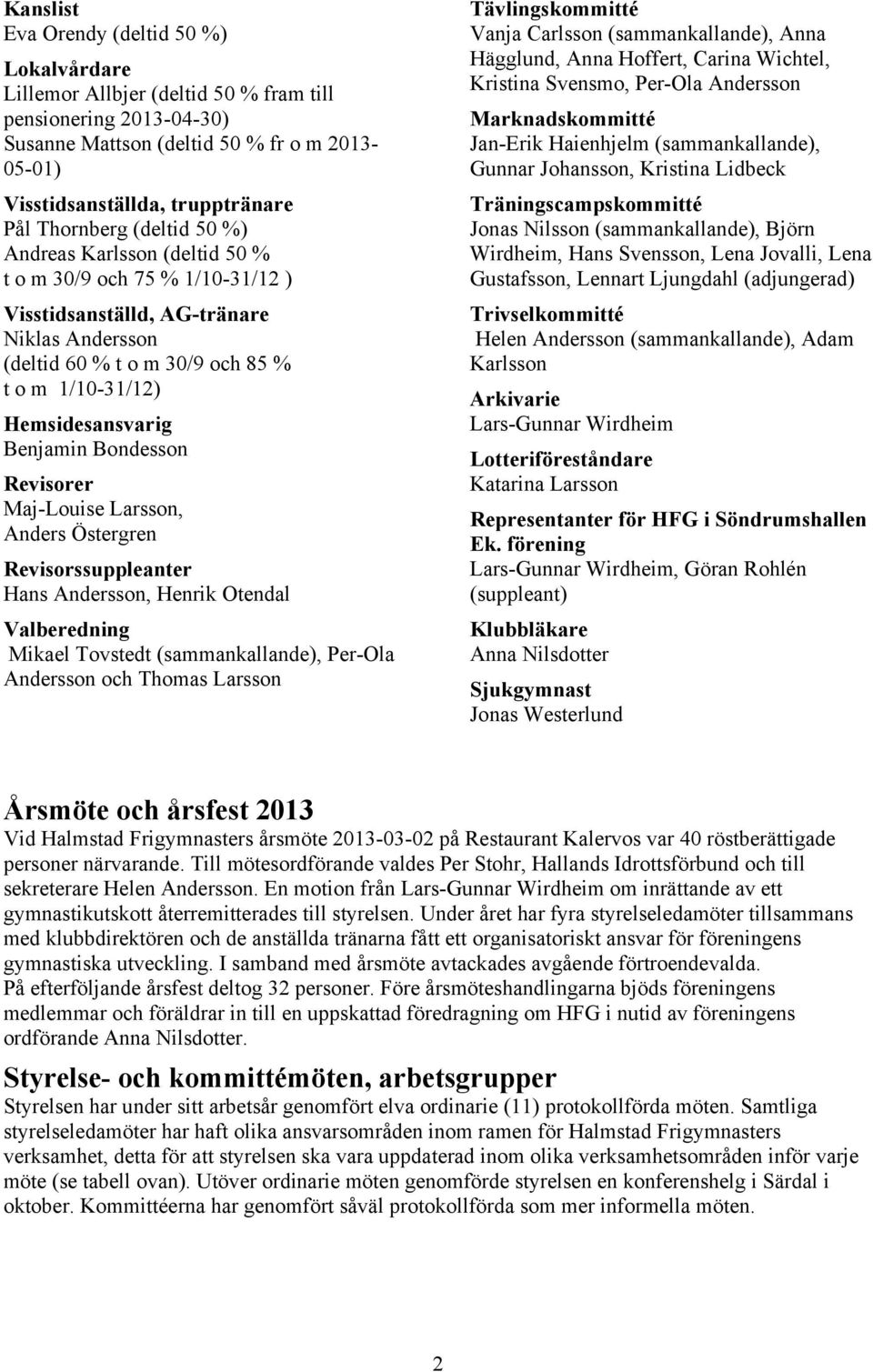 Hemsidesansvarig Benjamin Bondesson Revisorer Maj-Louise Larsson, Anders Östergrenst013(Jonas Nilsson saknas) Revisorssuppleanter Hans Andersson, Henrik Otendal Valberedning Mikael Tovstedt