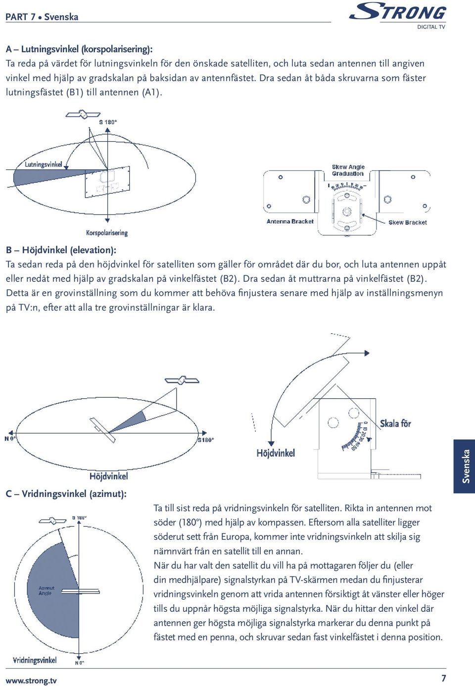 B Höjdvinkel (elevation): Ta sedan reda på den höjdvinkel för satelliten som gäller för området där du bor, och luta antennen uppåt eller nedåt med hjälp av gradskalan på vinkelfästet (B2).