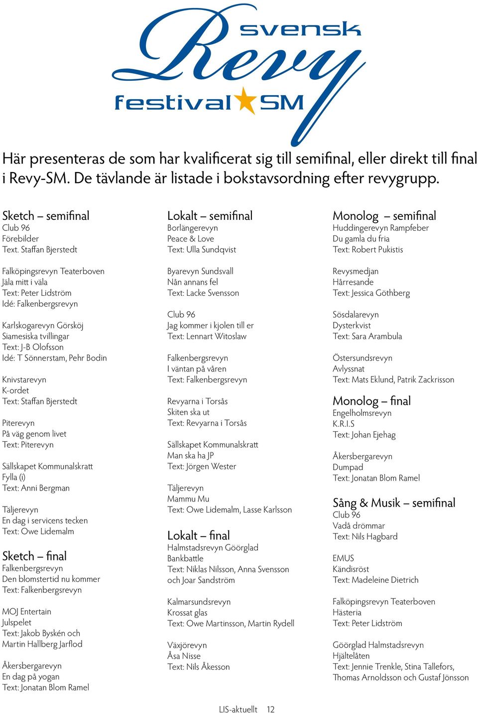 Knivstarevyn K-ordet Text: Staffan Bjerstedt Piterevyn På väg genom livet Text: Piterevyn Sällskapet Kommunalskratt Fylla (i) Text: Anni Bergman Täljerevyn En dag i servicens tecken Text: Owe