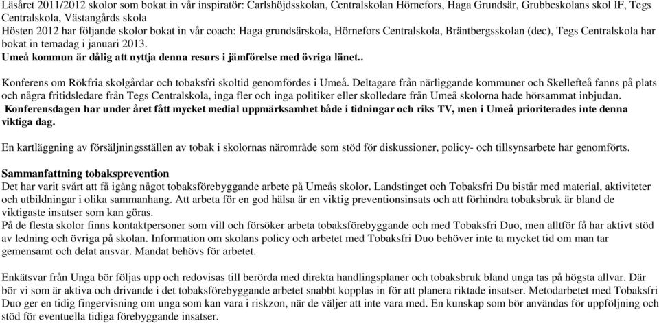 Umeå kommun är dålig att nyttja denna resurs i jämförelse med övriga länet.. Konferens om Rökfria skolgårdar och tobaksfri skoltid genomfördes i Umeå.
