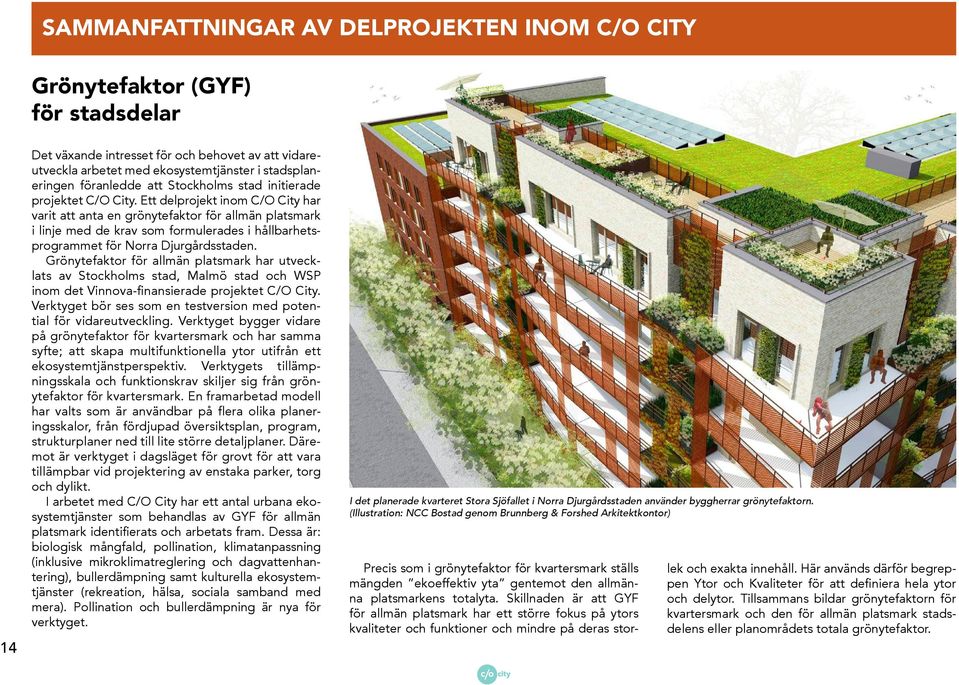 Ett delprojekt inom C/O City har varit att anta en grönytefaktor för allmän platsmark i linje med de krav som formulerades i hållbarhetsprogrammet för Norra Djurgårdsstaden.