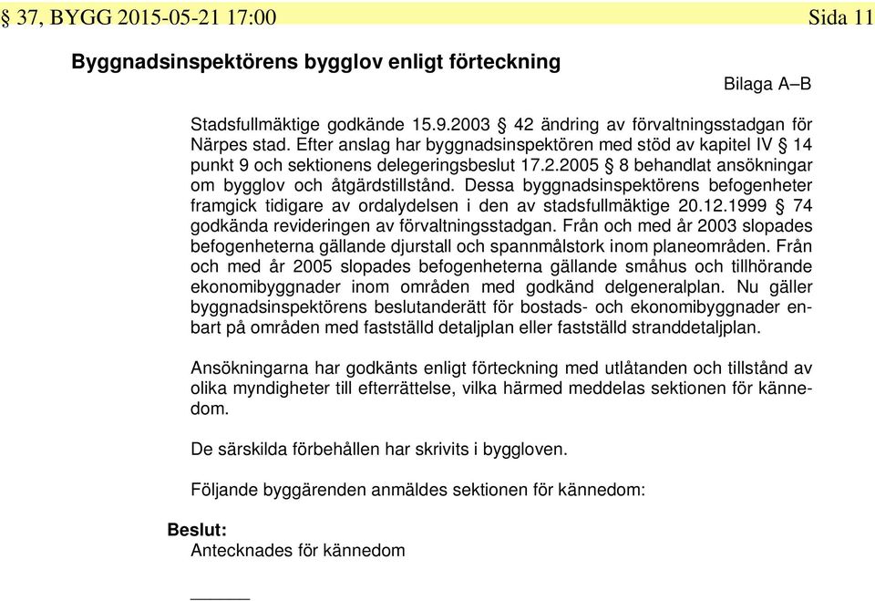 Dessa byggnadsinspektörens befogenheter framgick tidigare av ordalydelsen i den av stadsfullmäktige 20.12.1999 74 godkända revideringen av förvaltningsstadgan.