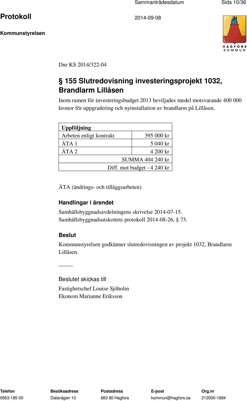 Uppföljning Arbeten enligt kontrakt 395 000 kr ÄTA 1 5 040 kr ÄTA 2 4 200 kr SUMMA 404 240 kr Diff.