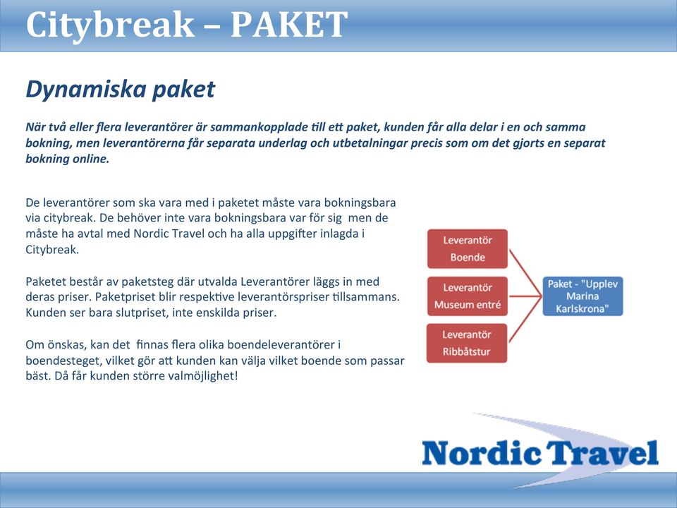 De behöver inte vara bokningsbara var för sig men de måste ha avtal med Nordic Travel och ha alla uppgizer inlagda i Citybreak.