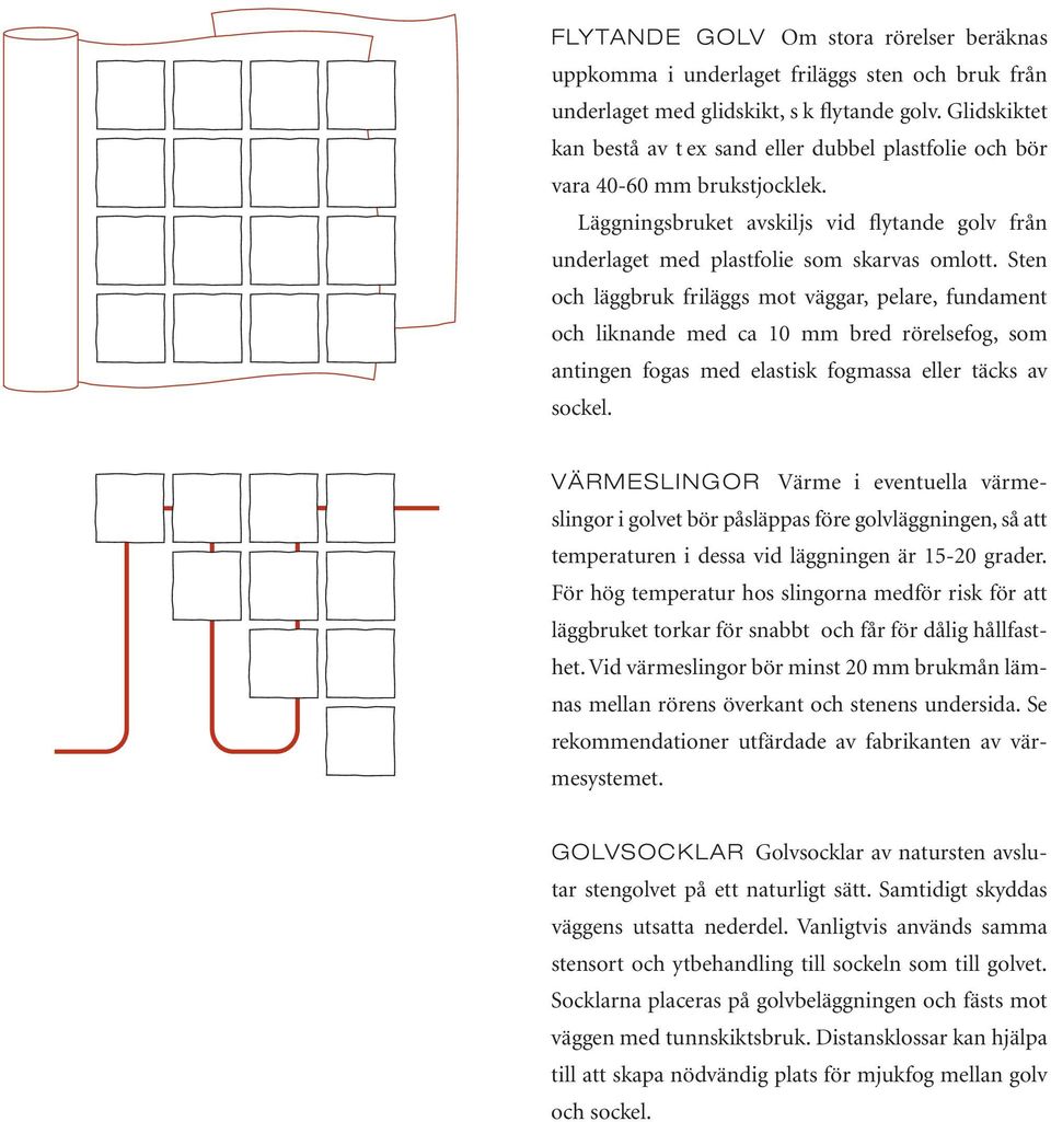 Sten och läggbruk friläggs mot väggar, pelare, fundament och liknande med ca 10 mm bred rörelsefog, som antingen fogas med elastisk fogmassa eller täcks av sockel.