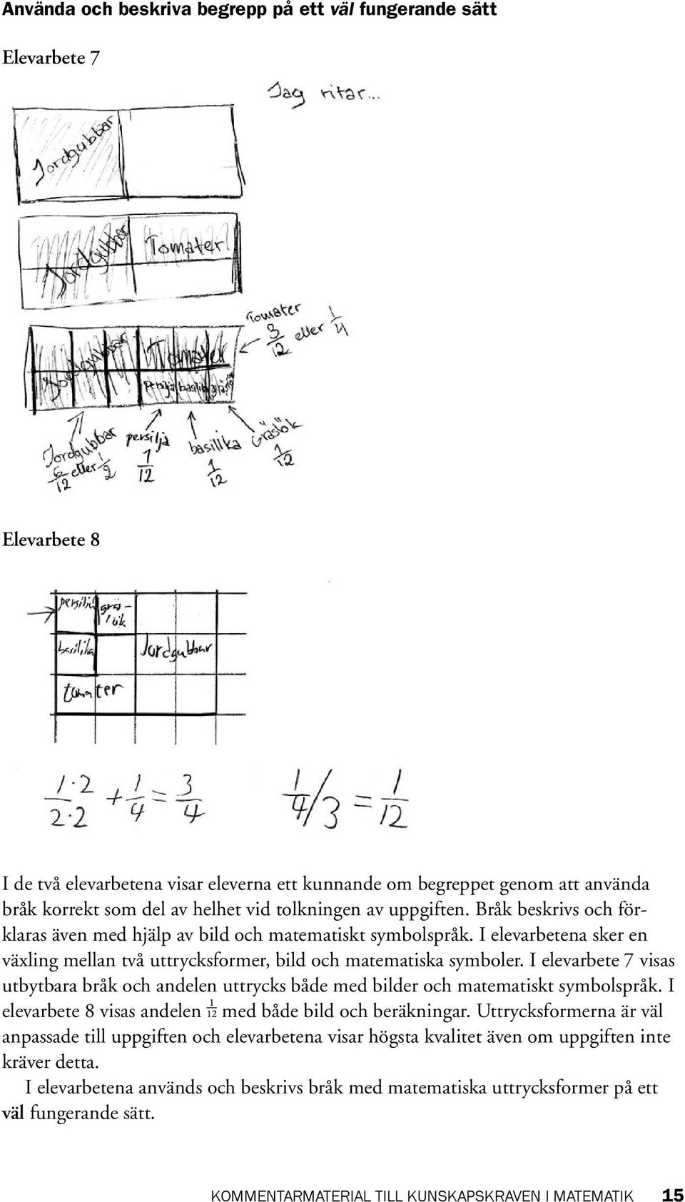 I elevarbete 7 visas utbytbara bråk och andelen uttrycks både med bilder och matematiskt symbolspråk. I elevarbete 8 visas andelen med både bild och beräkningar.