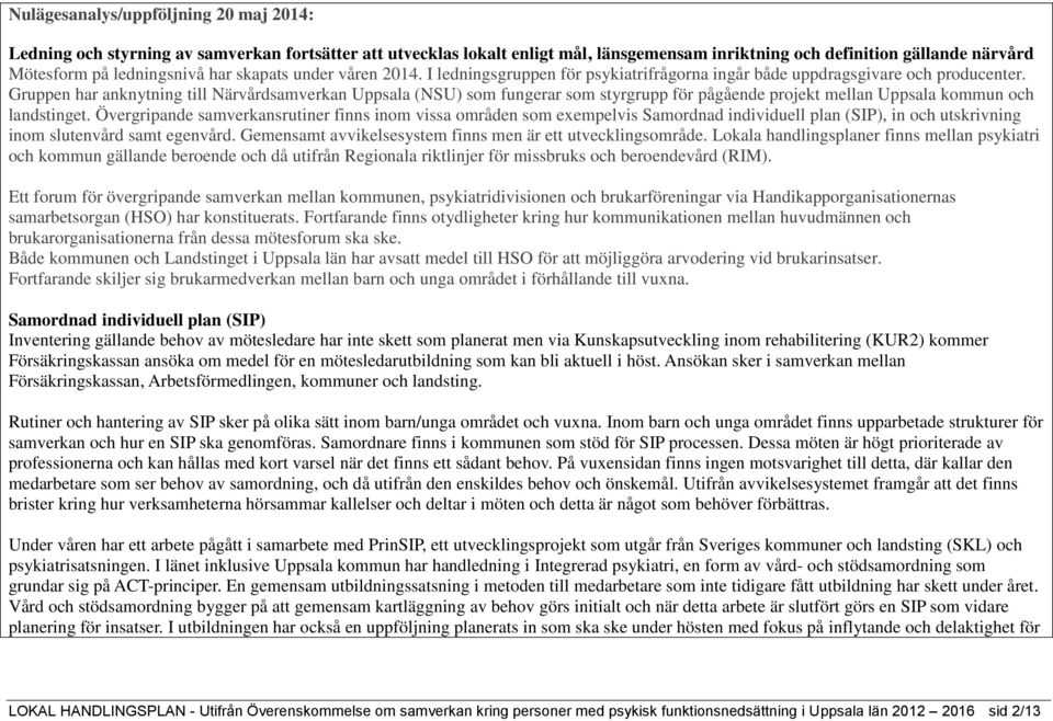 Gruppen har anknytning till Närvårdsamverkan Uppsala (NSU) som fungerar som styrgrupp för pågående projekt mellan Uppsala kommun och landstinget.