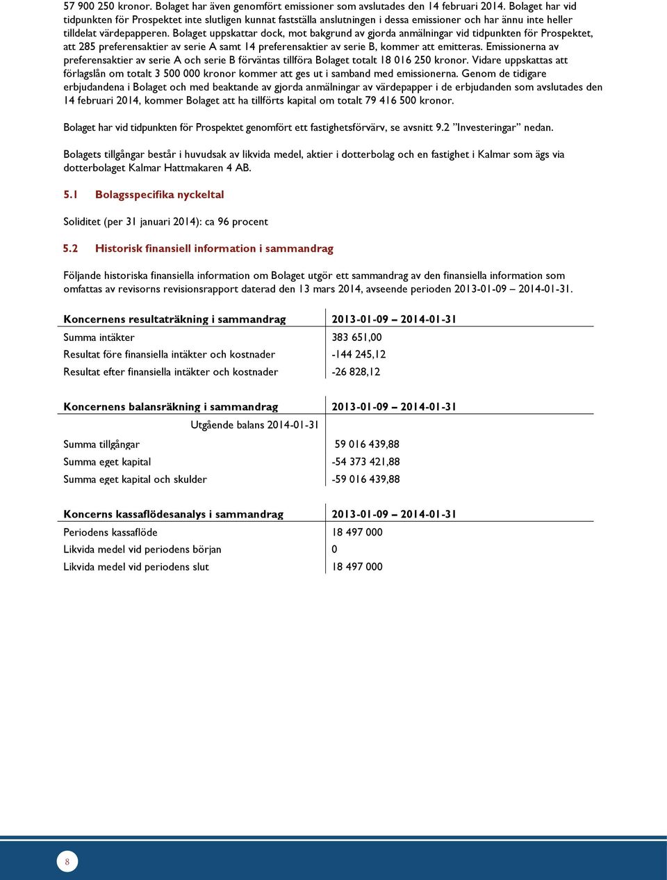 Bolaget uppskattar dock, mot bakgrund av gjorda anmälningar vid tidpunkten för Prospektet, att 285 preferensaktier av serie A samt 14 preferensaktier av serie B, kommer att emitteras.