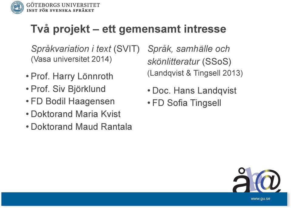 Siv Björklund FD Bodil Haagensen Doktorand Maria Kvist Doktorand Maud