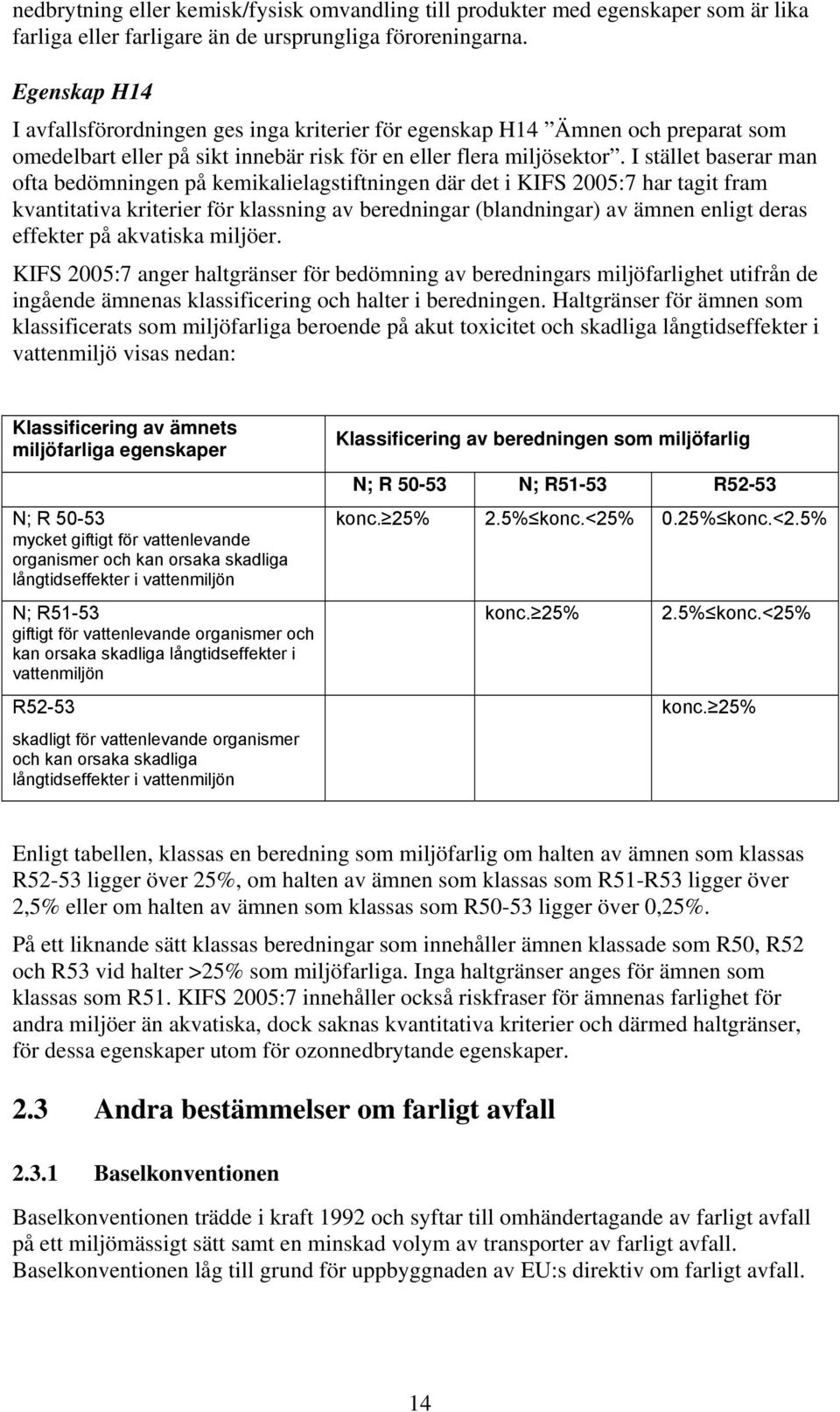 I stället baserar man ofta bedömningen på kemikalielagstiftningen där det i KIFS 2005:7 har tagit fram kvantitativa kriterier för klassning av beredningar (blandningar) av ämnen enligt deras effekter