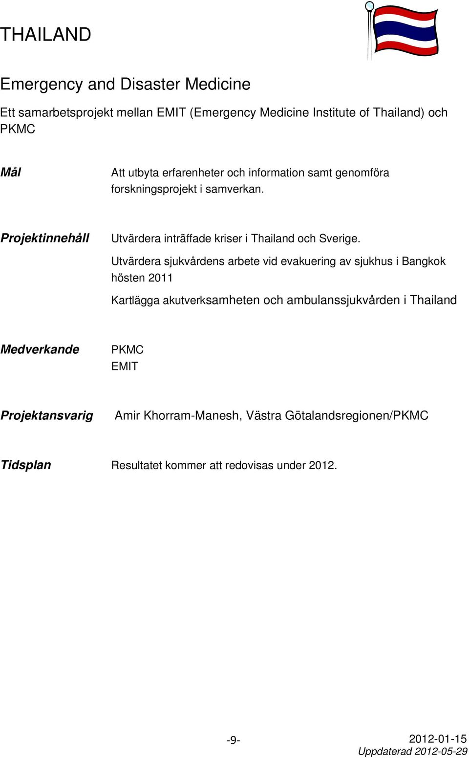 Projektinnehåll Utvärdera inträffade kriser i Thailand och Sverige.