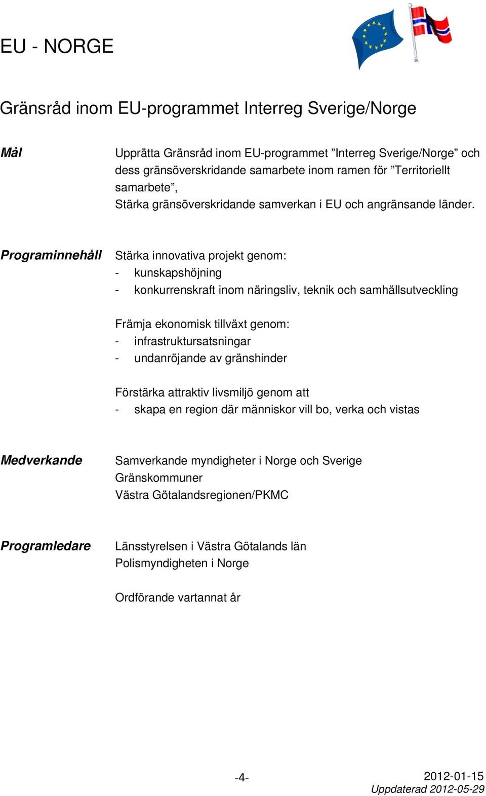 Programinnehåll Stärka innovativa projekt genom: - kunskapshöjning - konkurrenskraft inom näringsliv, teknik och samhällsutveckling Främja ekonomisk tillväxt genom: - infrastruktursatsningar -