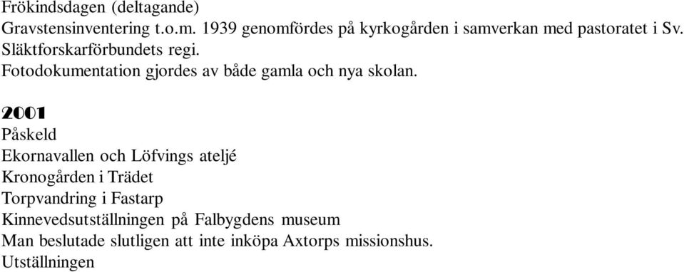 2001 Ekornavallen och Löfvings ateljé Kronogården i Trädet Torpvandring i Fastarp Kinnevedsutställningen på Falbygdens museum Man beslutade slutligen att inte inköpa Axtorps missionshus.