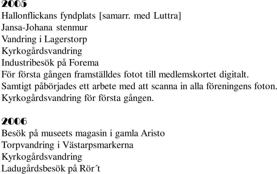 2006 Besök på museets magasin i gamla Aristo Torpvandring i Västarpsmarkerna Ladugårdsbesök på Rör t Kinnevedsfolk II - 1865-1945 gavs ut. De nya torpskyltarna fick sin utforming.