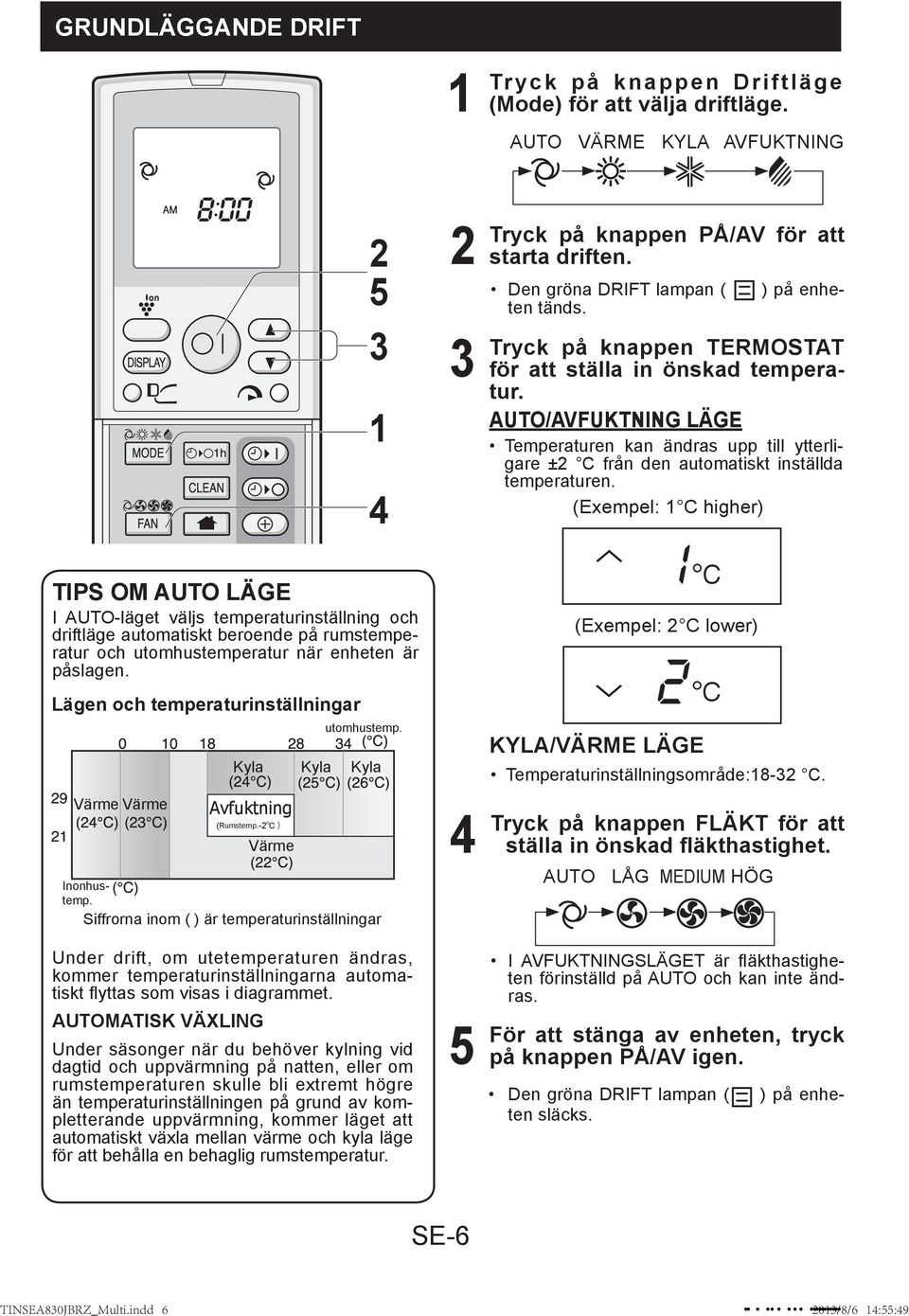 Lägen och temperaturinställningar Värme Värme Avfuktning (Rumstemp.- 5 Inonhustemp.