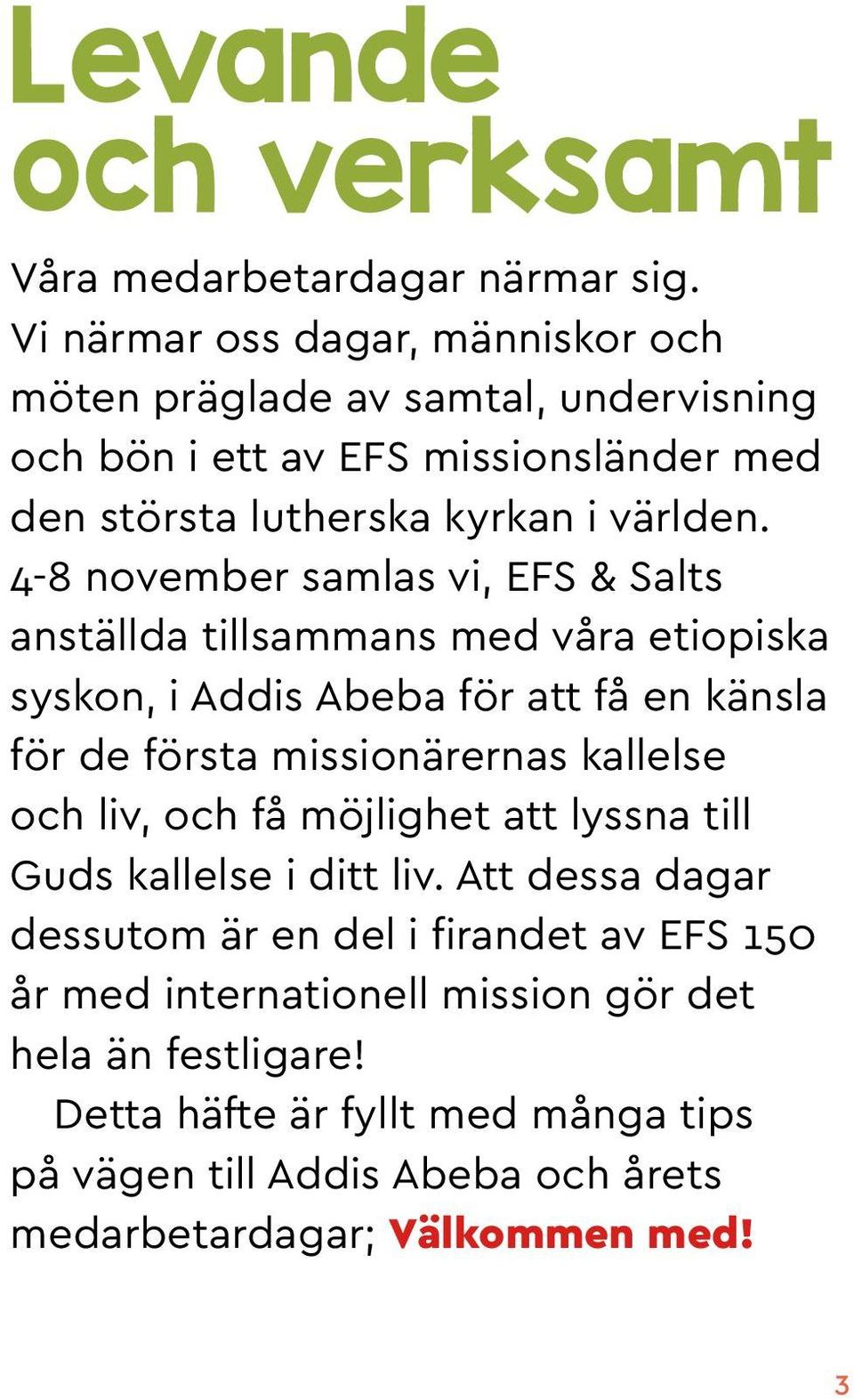 4-8 november samlas vi, EFS & Salts anställda tillsammans med våra etiopiska syskon, i Addis Abeba för att få en känsla för de första missionärernas kallelse och