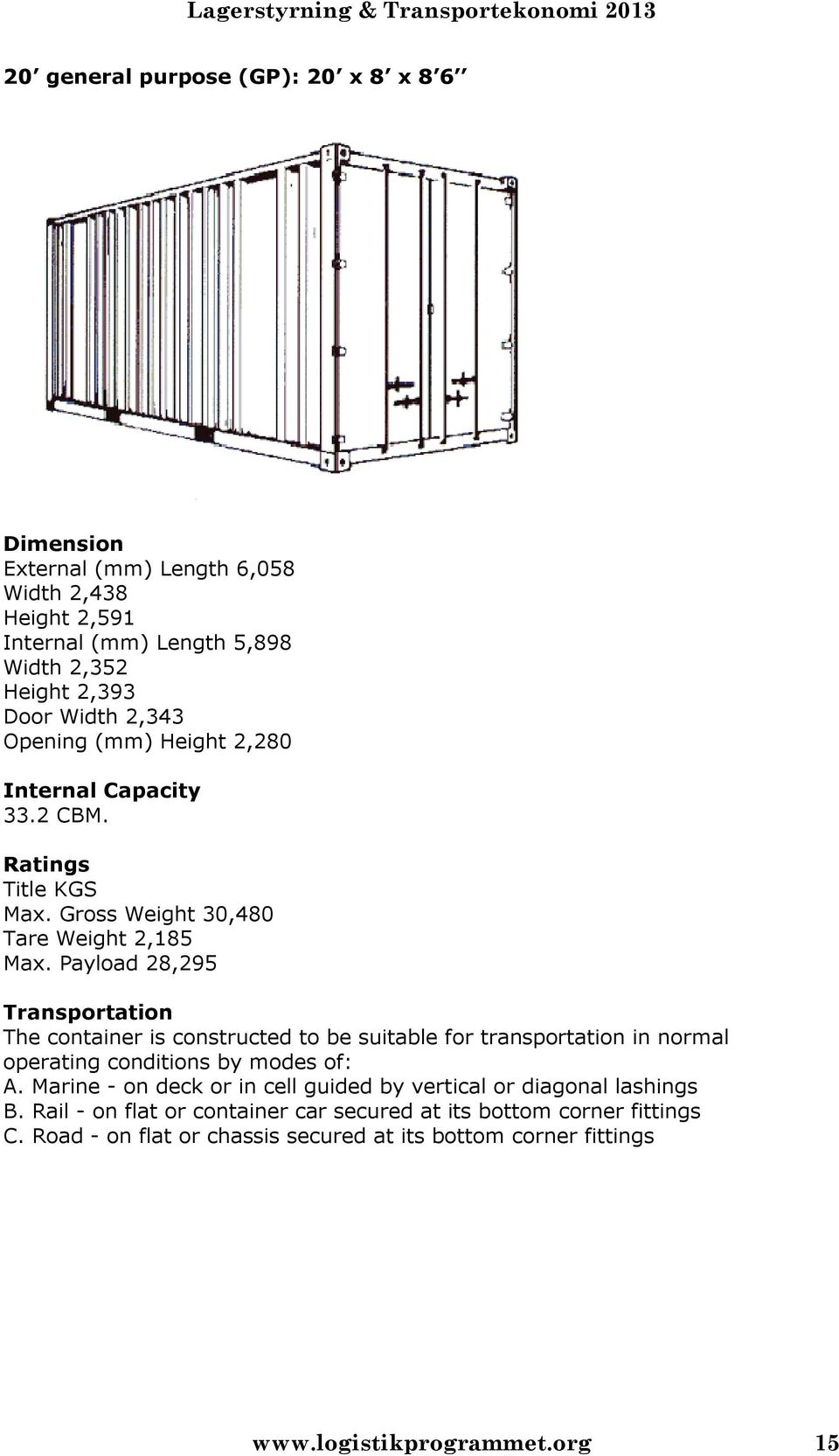 Payload 28,295 Transportation The container is constructed to be suitable for transportation in normal operating conditions by modes of: A.