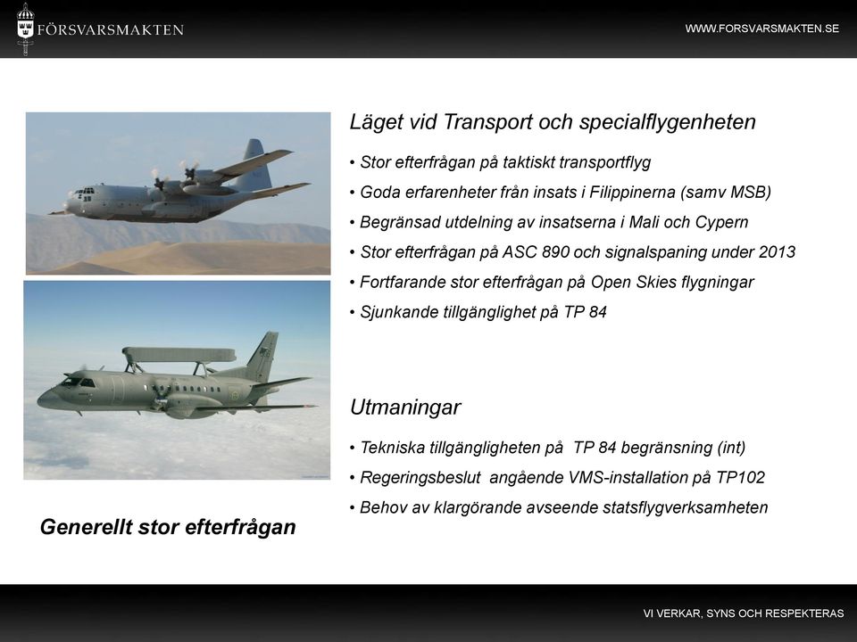 stor efterfrågan på Open Skies flygningar Sjunkande tillgänglighet på TP 84 Utmaningar Generellt stor efterfrågan Tekniska